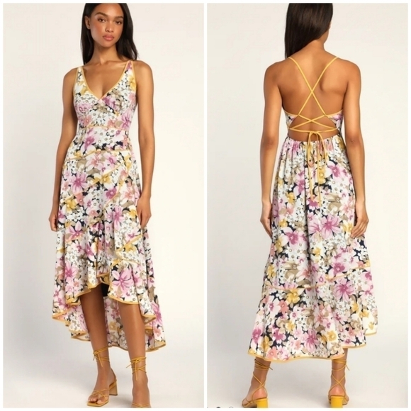 Lulus Sweeping Elegance Navy Multi Floral Lace-Up High Low Dress Open Back Small - Picture 1 of 11